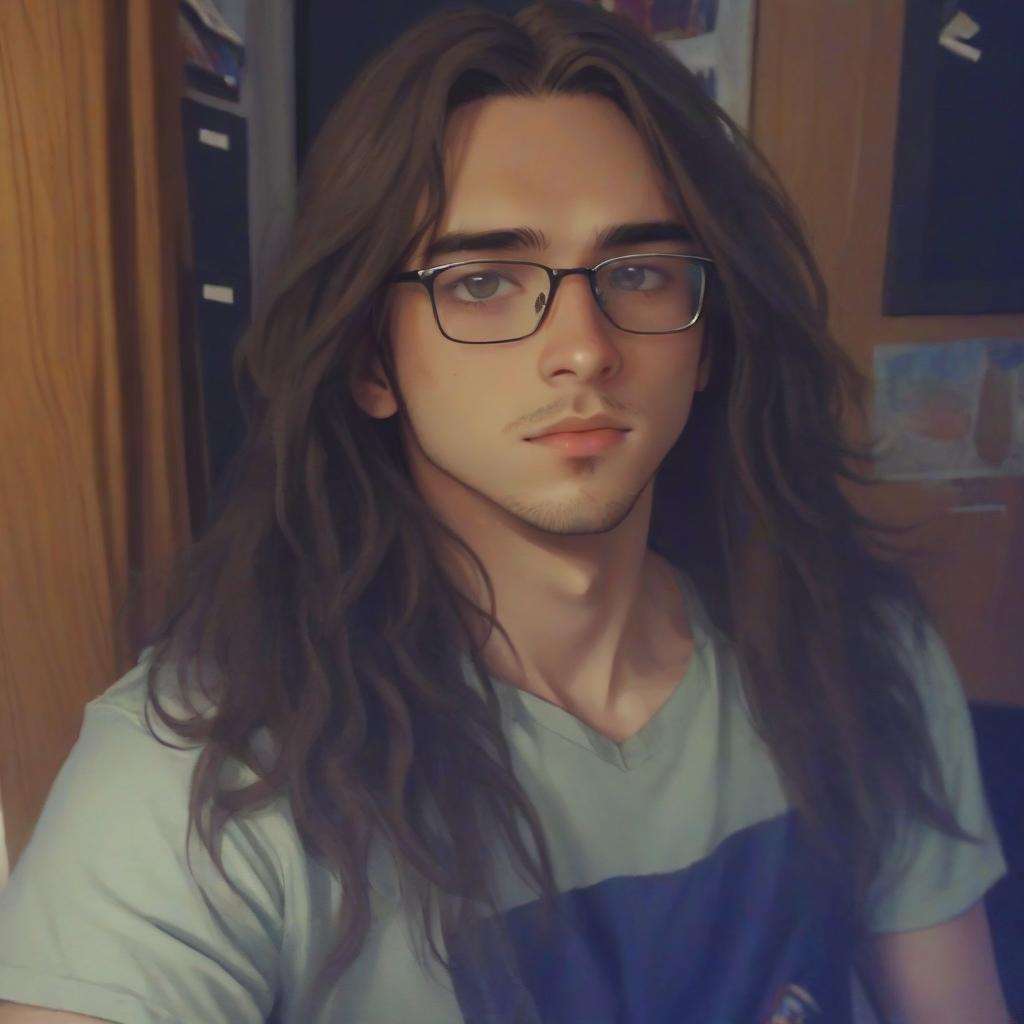  breathtaking a young guy with long hair and rectangular glasses . award winning, professional, highly detailed