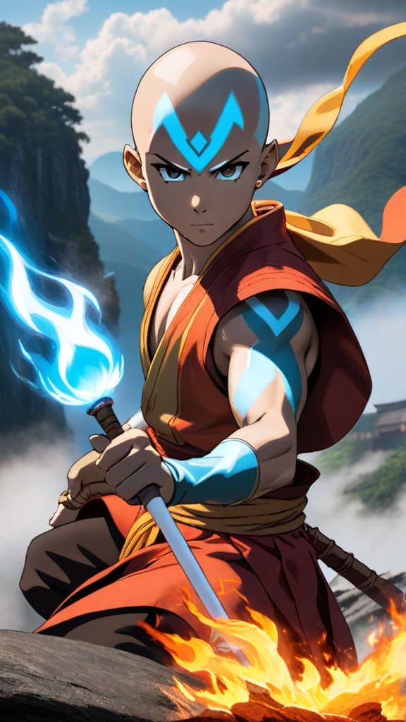  anime art: aang mastering the avatar state, facing fire nation with wisdom over power. hyperrealistic, full body, detailed clothing, highly detailed, cinematic lighting, stunningly beautiful, intricate, sharp focus, f/1. 8, 85mm, (centered image composition), (professionally color graded), ((bright soft diffused light)), volumetric fog, trending on instagram, trending on tumblr, HDR 4K, 8K