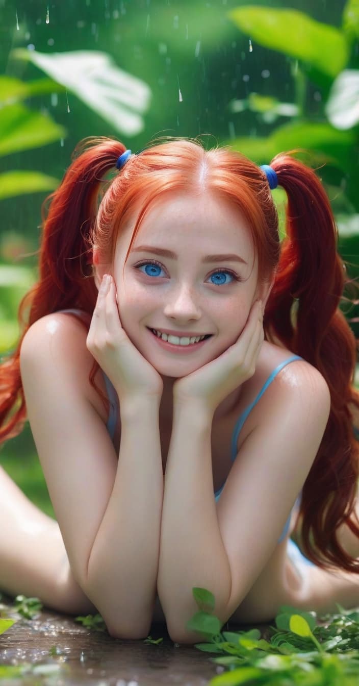  absolutely of 25, lying on her back, , sharp s, red hair, blue eyes, light smile, two pigtails, skin, hands behind her head, legs open, to the sides, light on the inside of the thigh. lying in the garden. it is raining., hkmagic