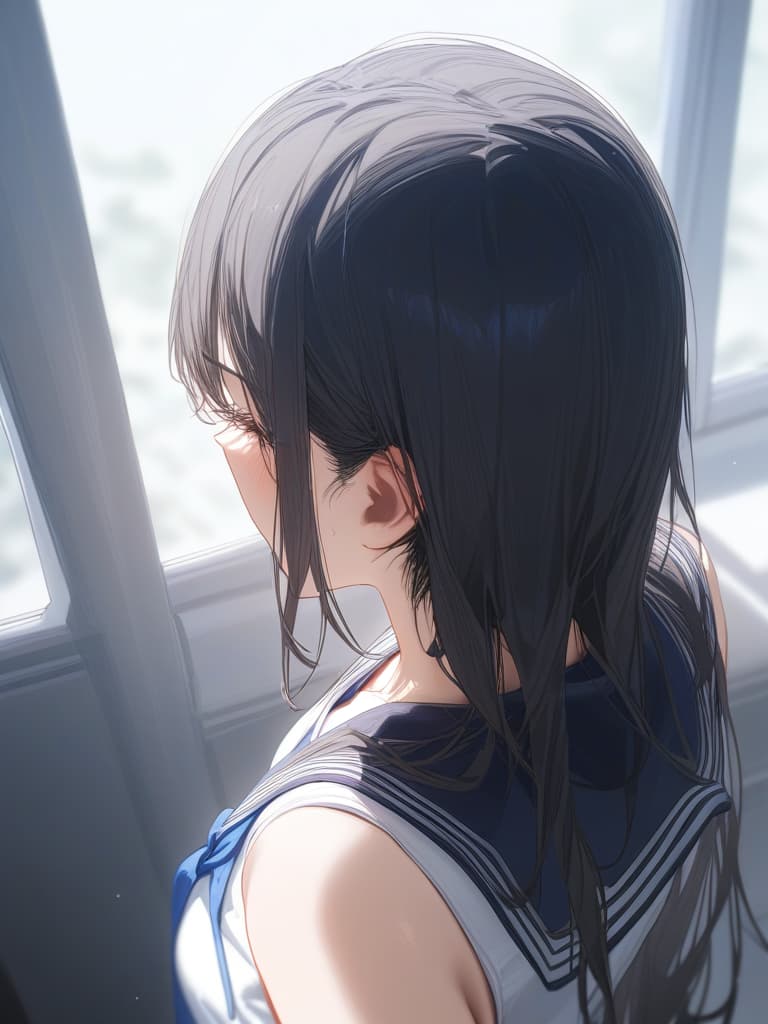  short bangs, back hair long straight, pats, high school girl, straight, sailor suit, masterpiece, best quality,8k,ultra detailed,high resolution,an extremely delicate and beautiful,hyper detail