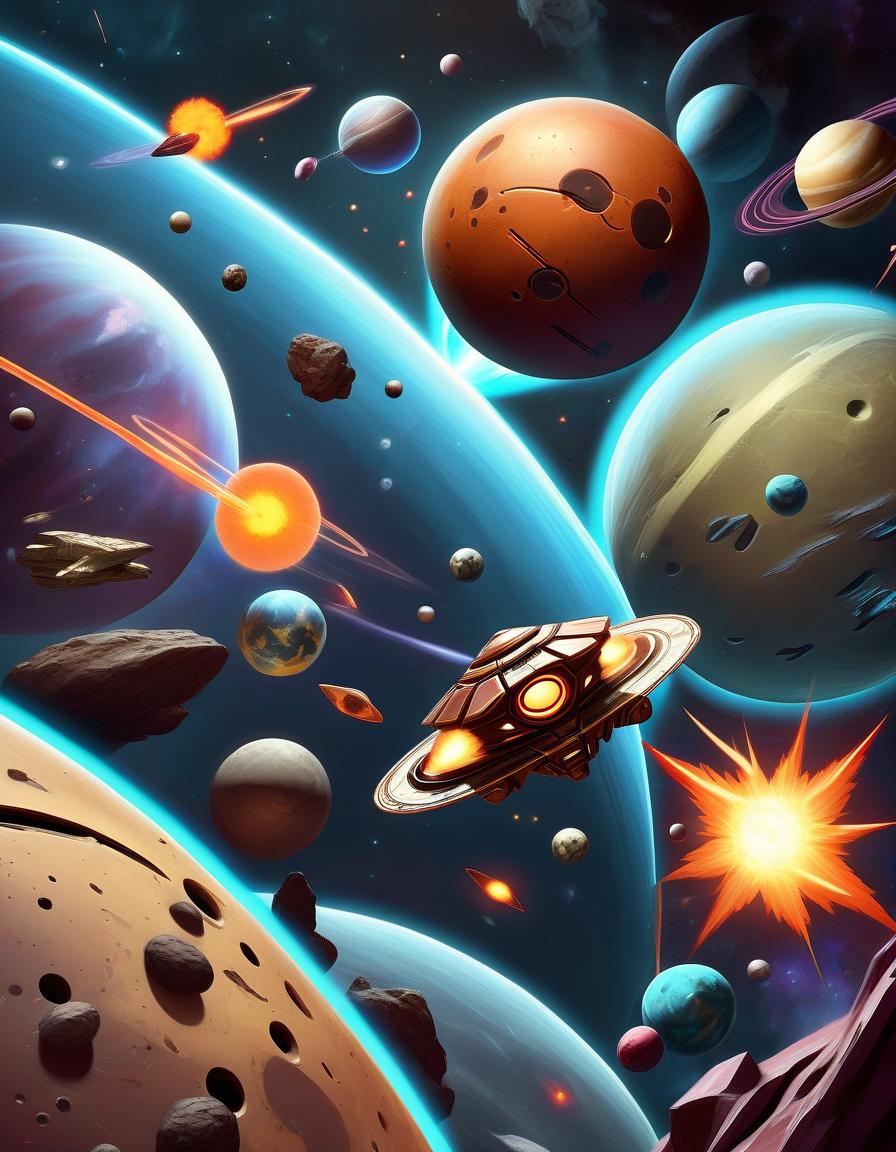  fighting game style space overload: a space scene with many bright planets, stars, asteroids and spacecraft, each with its own unique pattern and texture. . dynamic, vibrant, action packed, detailed character design, reminiscent of fighting video games