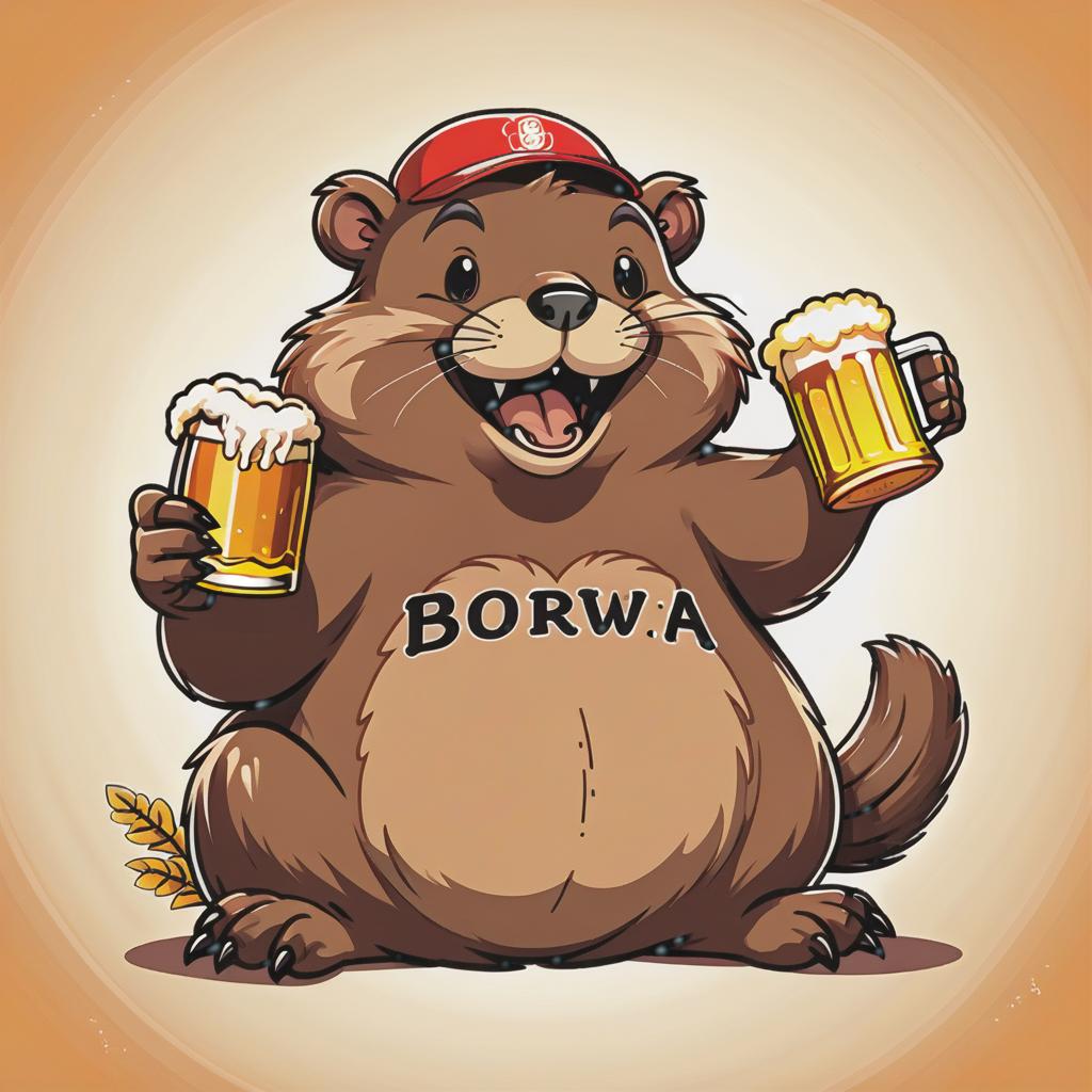  line art drawing above a text that says "bobr", below a text that says "kurwa", in the center of the image a happy beaver with a beer in his hand. logo style same nightmare. anime style . professional, sleek, modern, minimalist, graphic, line art, vector graphics