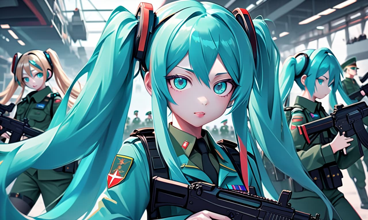  anime artwork miku hatsune with ak 74 and military uniforms of the russian armed forces . anime style, key visual, vibrant, studio anime, highly detailed