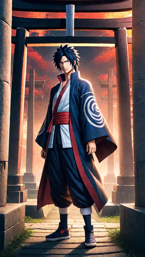  anime art: sasuke uchiha standing at konoha gates, ready to leave his past behind. hyperrealistic, full body, detailed clothing, highly detailed, cinematic lighting, stunningly beautiful, intricate, sharp focus, f/1. 8, 85mm, (centered image composition), (professionally color graded), ((bright soft diffused light)), volumetric fog, trending on instagram, trending on tumblr, HDR 4K, 8K