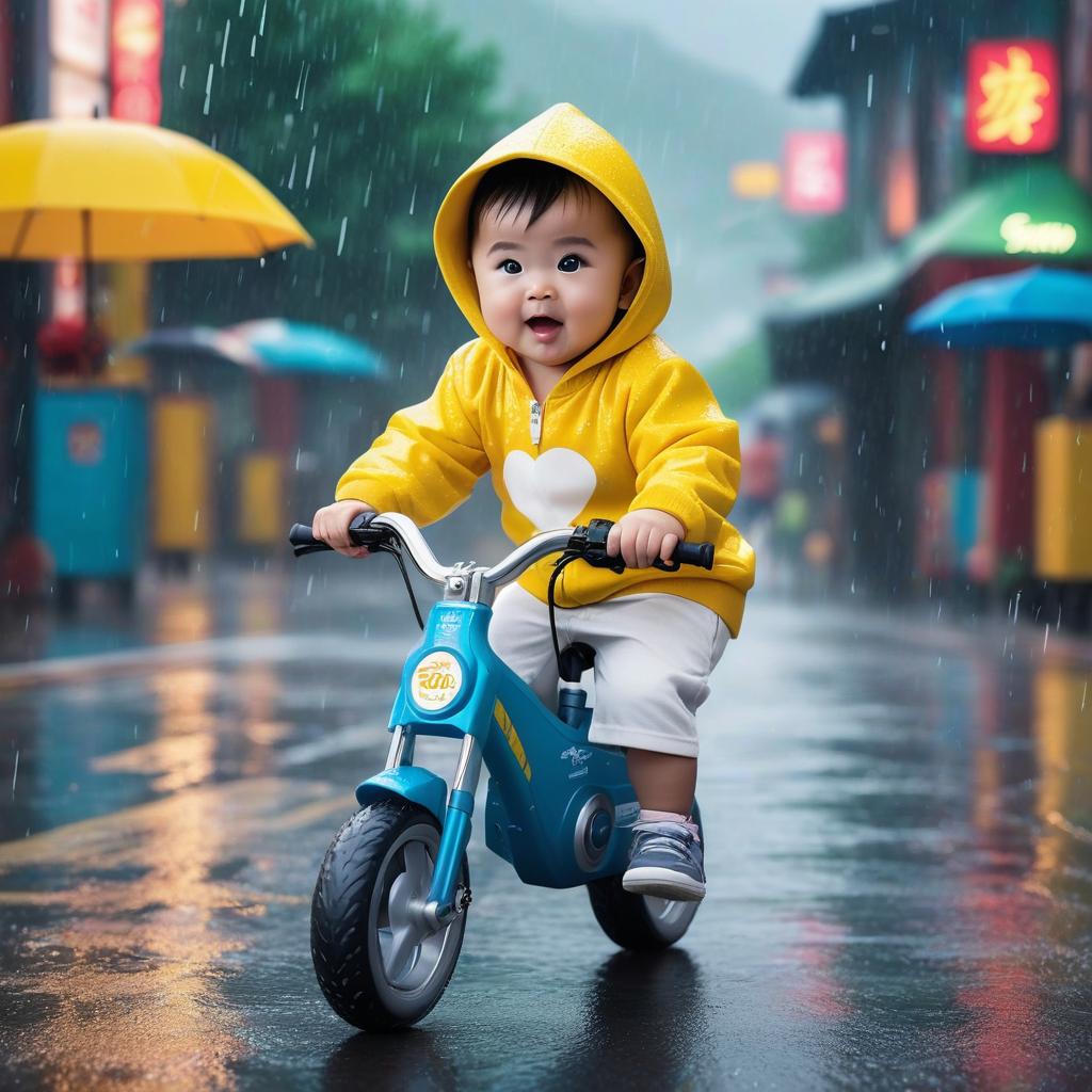  cinematic photo a chubby chinese baby riding a yellow electric bike on the road in a rainstorm, wearing a cute hoodie and white shorts, big eyes with a wide open mouth and a surprised expression, raindrops flying around him, with super realistic skin texture and super detailed facial details, in high resolution photography photos in the style of hyper realistic art.. 35mm photograph, film, bokeh, professional, 4k, highly detailed