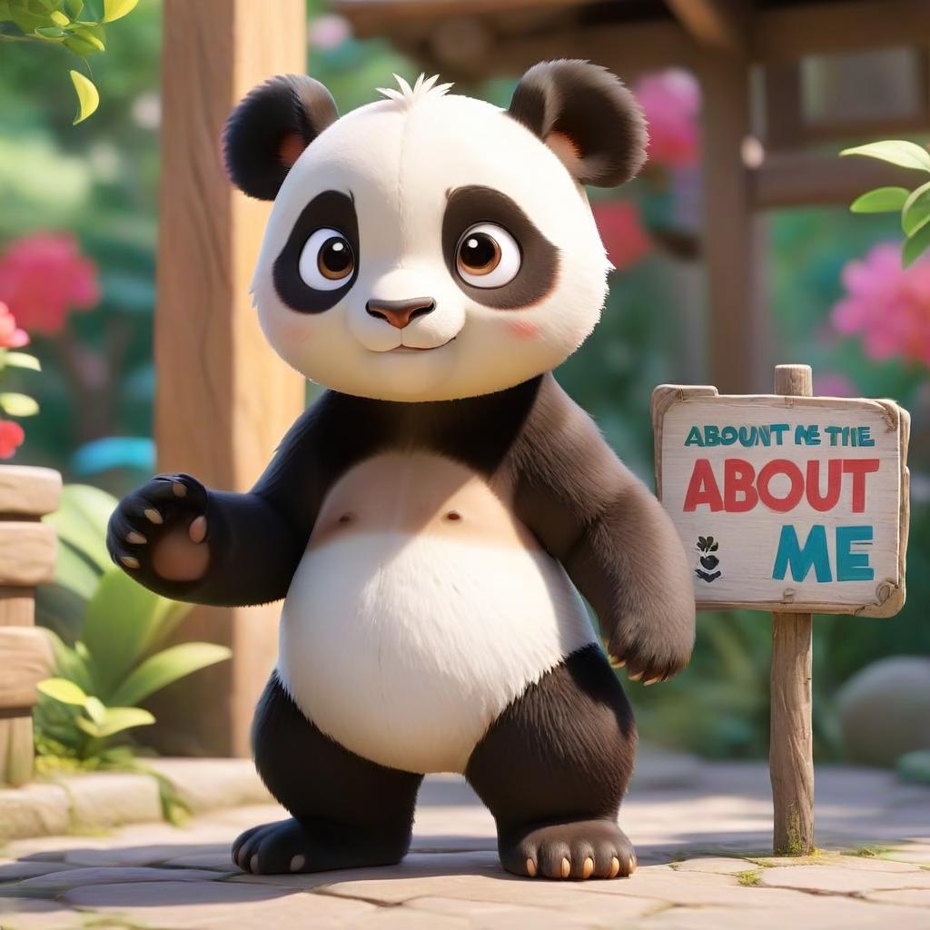  pokémon style a small cartoon panda stands next to the “about me” sign and stares at it. . vibrant, cute, anime, fantasy, reminiscent of pokémon series, perfect hands, perfecteyes