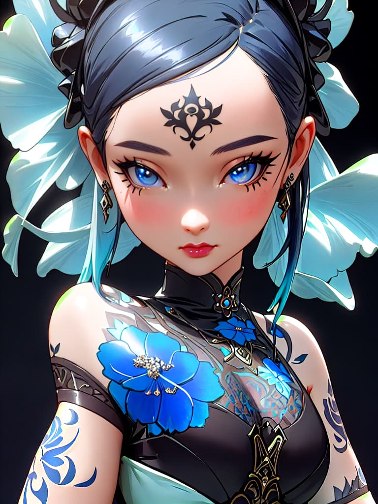  Close-up porcelain female figurine, looking to the camera, glossy surface, glaze, shiny, blue floral tattoos on her, dark gradient background, baroque dark style, hyperrealistic, CG society, intricate details