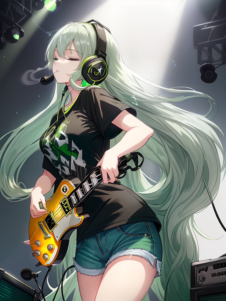  (white background:1.3),(extremely detailed fine touch:1.3),(hard light,studio light,light rays,dappled light,reflection,shadows,ray tracing:1.0),///,,(((green very long hair:1.3))),headphone,forehead,having a bird's eye view,anime style,super fine ilration,highly detailed,dynamic angle,beautiful detailed,8k,on stage break a woman,(((headphone:1.3))),on both ,strumming an electric guitar. she arches her back,closes her eyes and looks joyful. break a spotlight shines on her,(t shirt:1.3),(denim shorts:1.3),(black les paul custom:1.3)