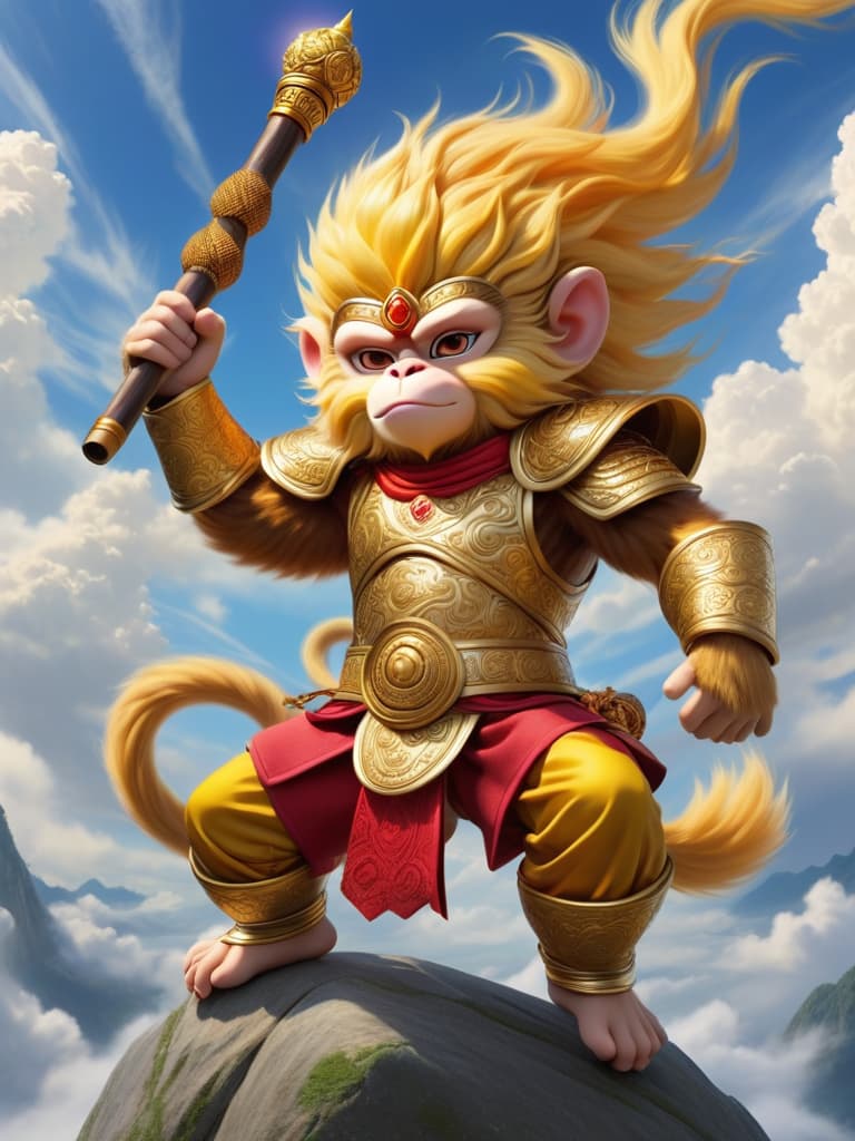  sun wukong, golden hair, monkey face, alone, in golden armours, hand held gold wands, cloud background, eyebrow locks, eyes of god, classic mythic style, combat postures, colourful colours, full of power, fine details。