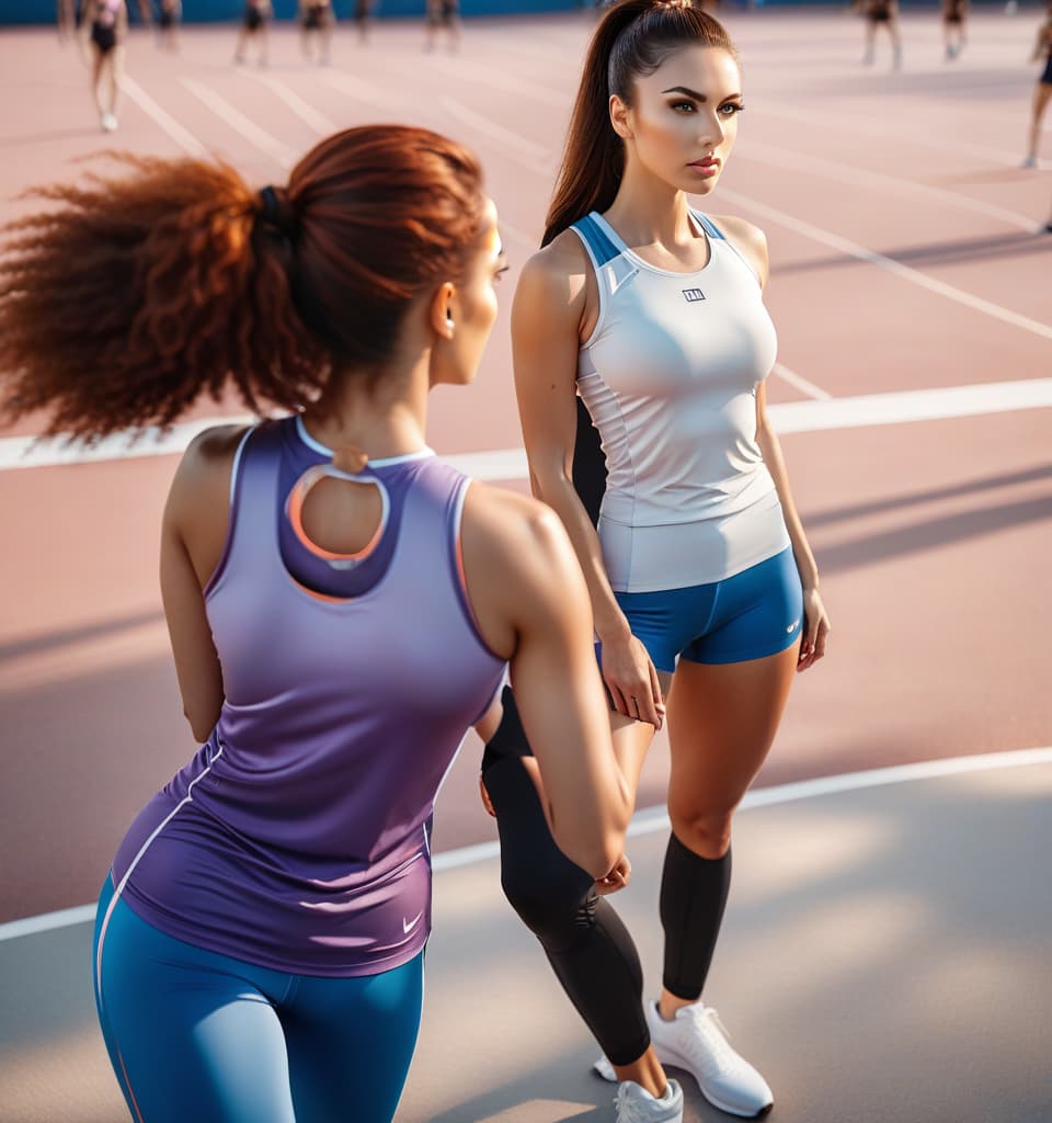  cinematic photo the look on the top, the two girls in sports clothes . 35mm photograph, film, bokeh, professional, 4k, highly detailed, perfecteyes hyperrealistic, full body, detailed clothing, highly detailed, cinematic lighting, stunningly beautiful, intricate, sharp focus, f/1. 8, 85mm, (centered image composition), (professionally color graded), ((bright soft diffused light)), volumetric fog, trending on instagram, trending on tumblr, HDR 4K, 8K