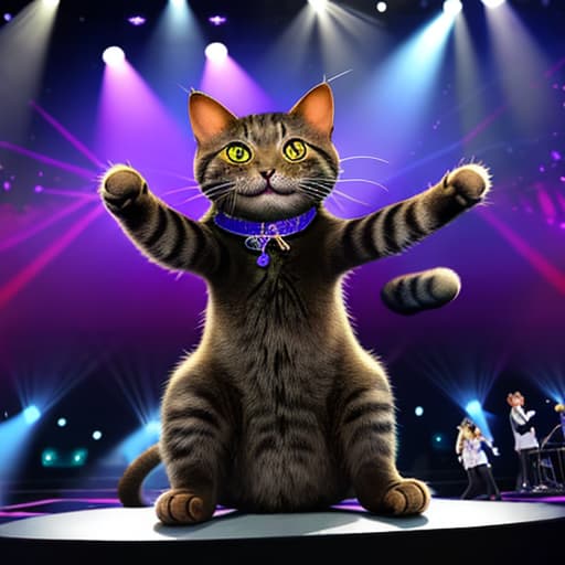  A cat singing rock on stage,