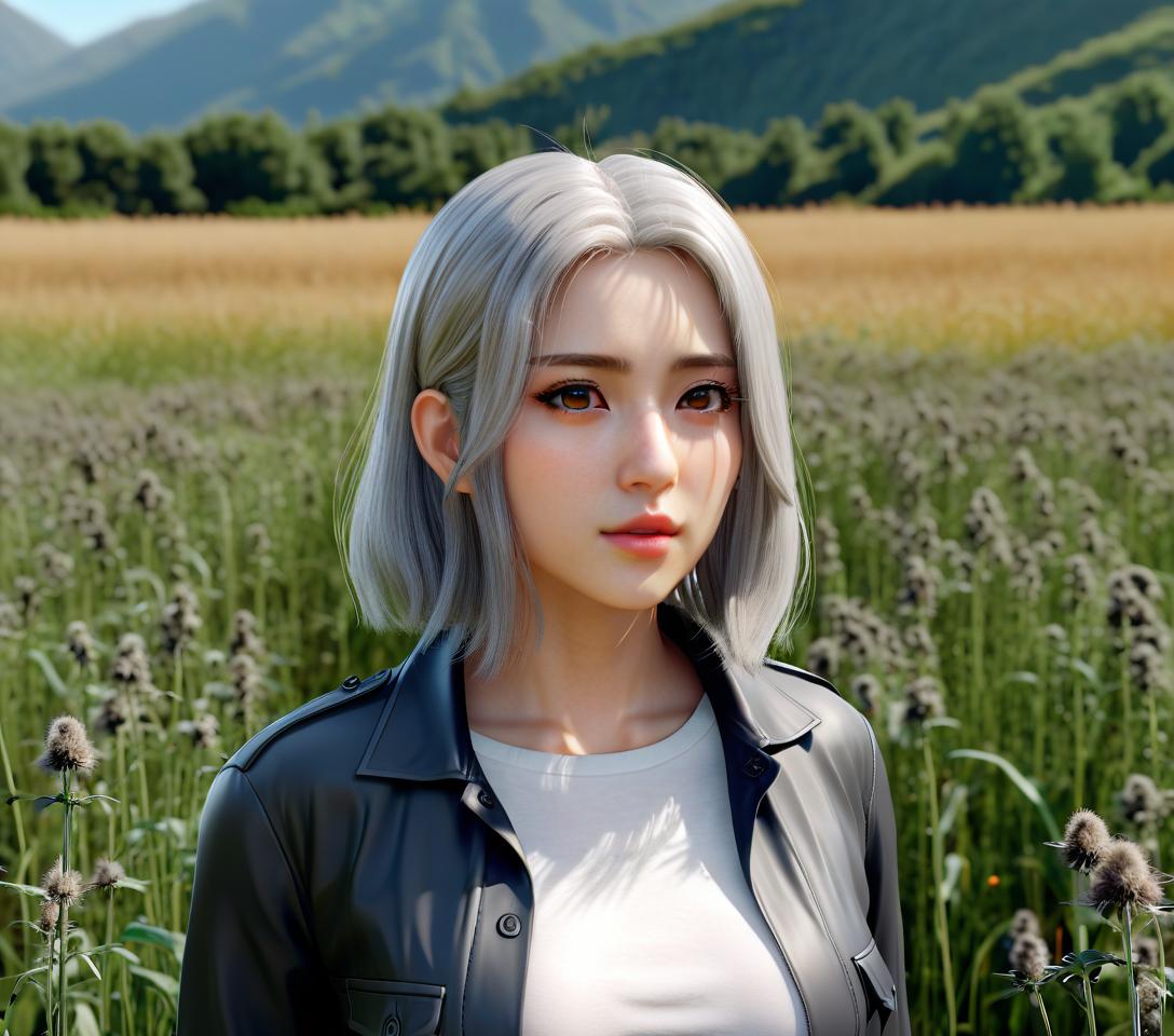  an image of a woman with gray hair and dark eyes standing in a field of, photorealistic anime girl render, realistic anime art style, 3 d render character art 8 k, 8 k realistic digital art, realistic anime 3 d style, realistic digital art 4k, realistic digital art 4 k, beautiful anime woman, smooth anime cg art, realistic anime artstyle, gray haired, 3 d anime realistic, beautiful anime portrait, beautiful anime girl, anime style. 8k, portrait anime girl, silver hair girl, anime cgi style, realistic young anime girl, cg art, film photography style hyperrealistic, full body, detailed clothing, highly detailed, cinematic lighting, stunningly beautiful, intricate, sharp focus, f/1. 8, 85mm, (centered image composition), (professionally color graded), ((bright soft diffused light)), volumetric fog, trending on instagram, trending on tumblr, HDR 4K, 8K