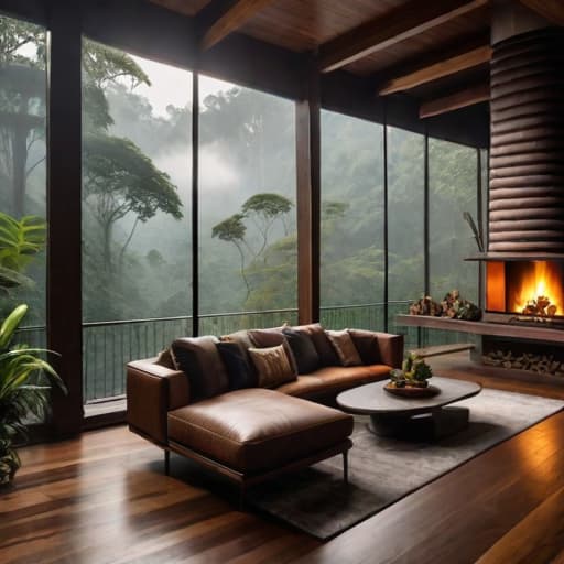  luxury apartment in the rainforest, wood texture, large cabin, fireplace hyperrealistic, full body, detailed clothing, highly detailed, cinematic lighting, stunningly beautiful, intricate, sharp focus, f/1. 8, 85mm, (centered image composition), (professionally color graded), ((bright soft diffused light)), volumetric fog, trending on instagram, trending on tumblr, HDR 4K, 8K