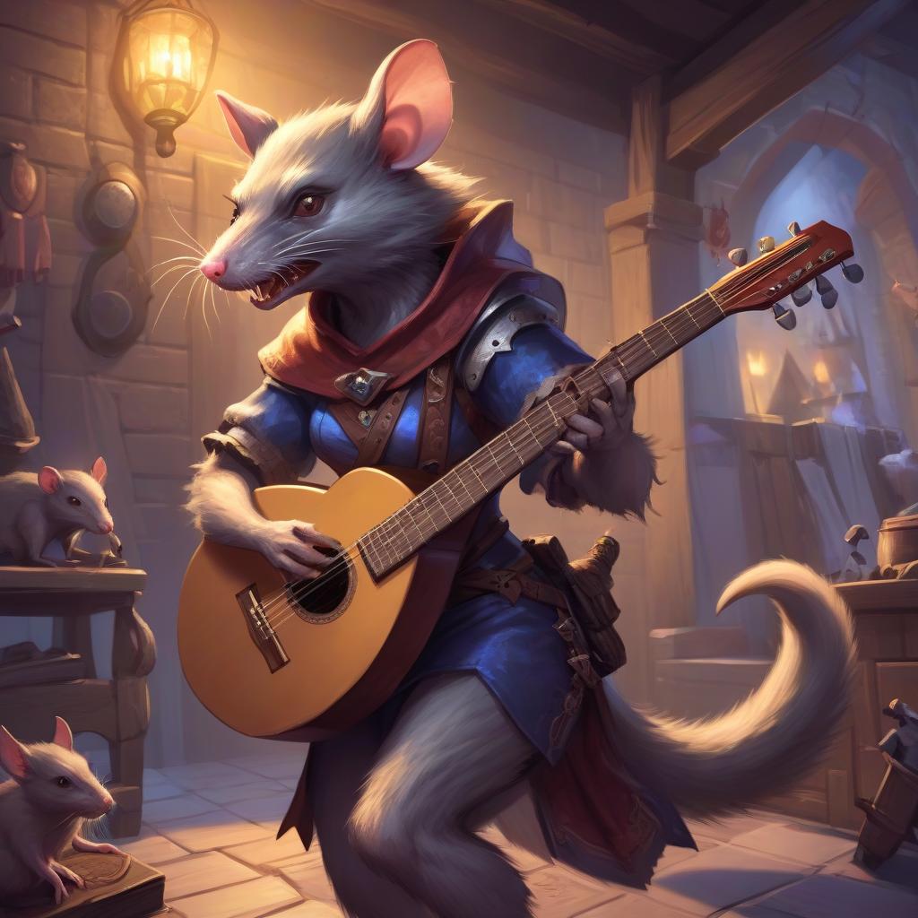  role playing game (rpg) style fantasy the girl is a werewolf rat with a lute in her hand. . detailed, vibrant, immersive, reminiscent of high fantasy rpg games