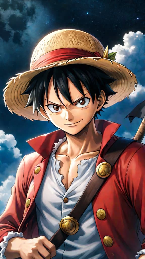  anime art: luffy from one piece following a celestial map under the night sky. hyperrealistic, full body, detailed clothing, highly detailed, cinematic lighting, stunningly beautiful, intricate, sharp focus, f/1. 8, 85mm, (centered image composition), (professionally color graded), ((bright soft diffused light)), volumetric fog, trending on instagram, trending on tumblr, HDR 4K, 8K