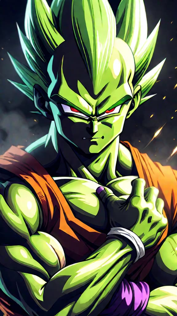  anime art: piccolo fusing with nail, combining strength, wisdom, and combat skills in dragon ball z. hyperrealistic, full body, detailed clothing, highly detailed, cinematic lighting, stunningly beautiful, intricate, sharp focus, f/1. 8, 85mm, (centered image composition), (professionally color graded), ((bright soft diffused light)), volumetric fog, trending on instagram, trending on tumblr, HDR 4K, 8K