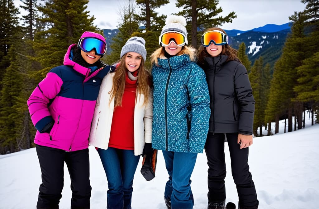  young adult woman wears winter ski goggles, stands with friends in group on mountain on snow in front of some trees, winter vacation, fictional place ar 3:2 {prompt}, maximum details