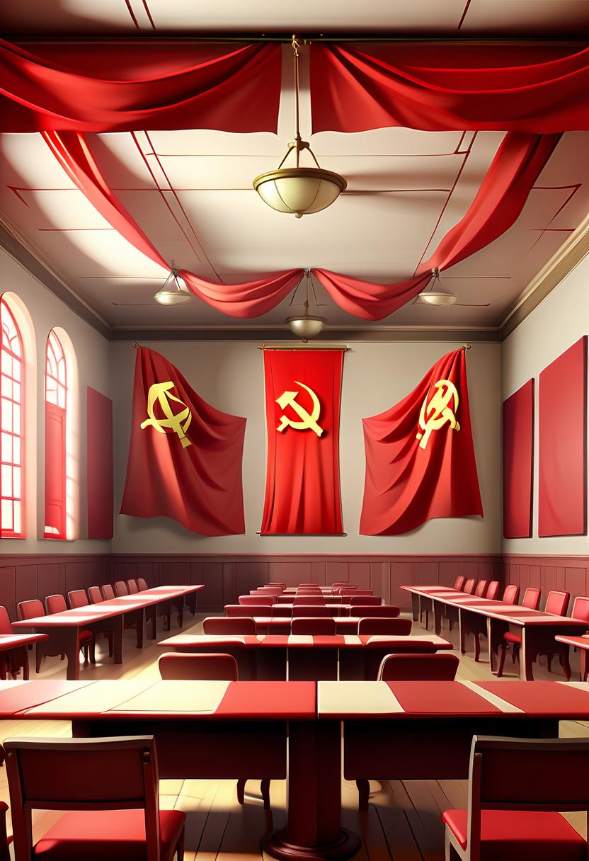  renaissance style a meeting room with empty seats, red communist flags on walls (cel shading, vintage anime:1.25) . realistic, perspective, light and shadow, religious or mythological themes, highly detailed