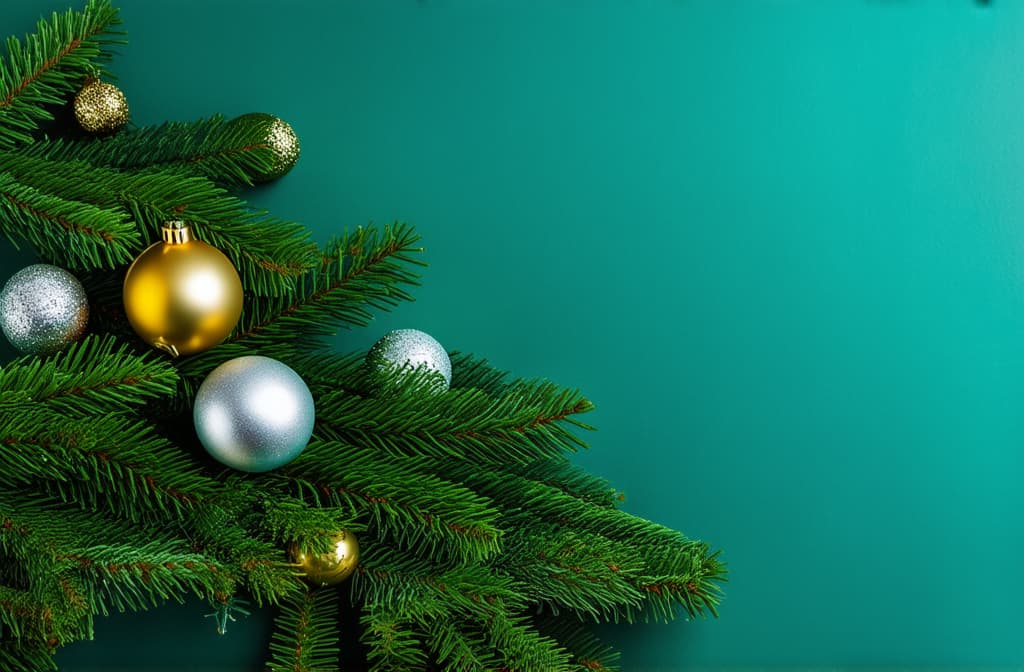  professional detailed photography, new year vertical dark turquoise background with gold and silver balls on fir branches with space for text ar 3:2, (muted colors, dim colors, soothing tones), (vsco:0.3)