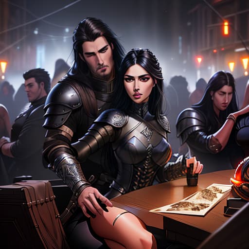  a girl with a leather armor, long black hair, hugs a guy with black hair hyperrealistic, full body, detailed clothing, highly detailed, cinematic lighting, stunningly beautiful, intricate, sharp focus, f/1. 8, 85mm, (centered image composition), (professionally color graded), ((bright soft diffused light)), volumetric fog, trending on instagram, trending on tumblr, HDR 4K, 8K