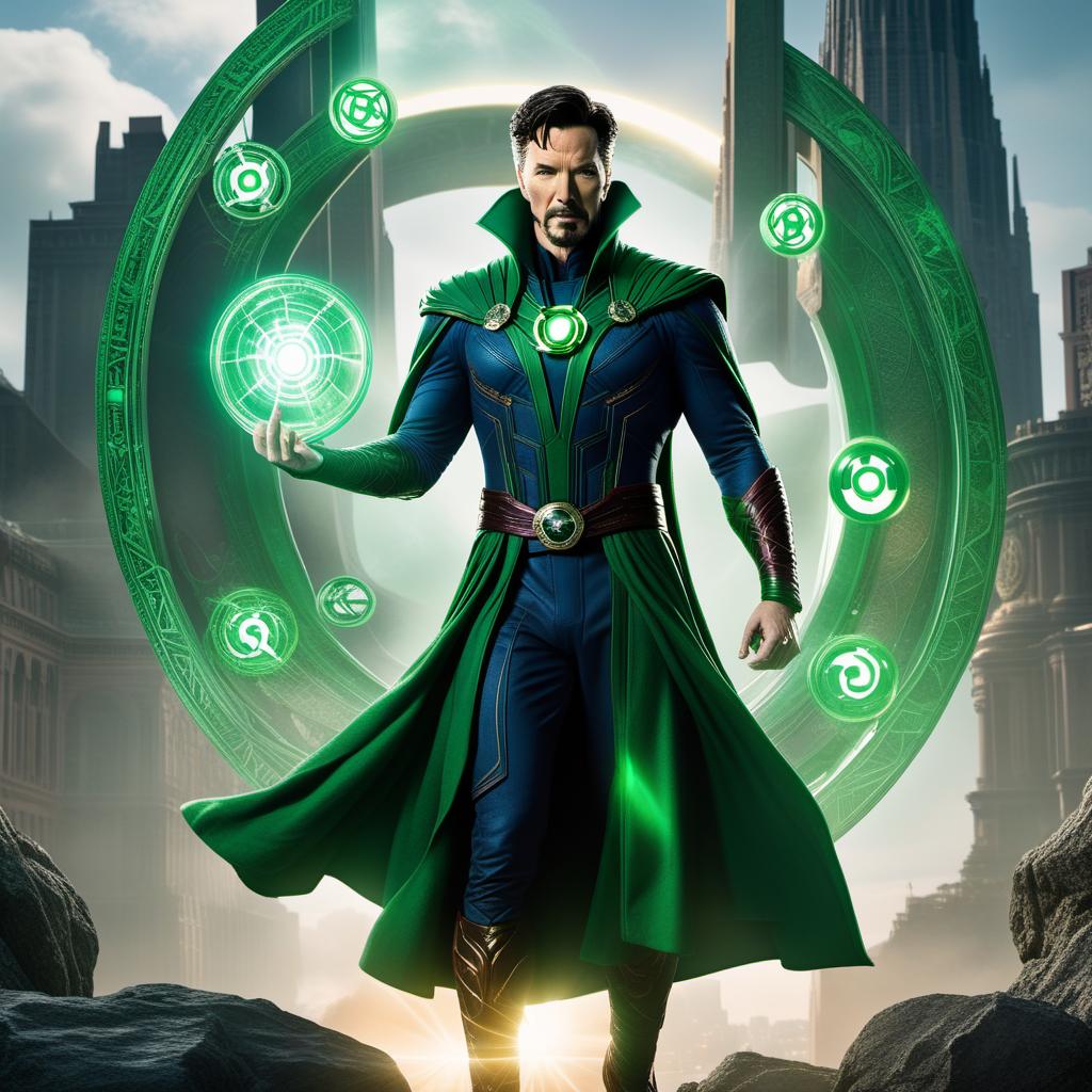  A highly detailed comic-style character design combining Doctor Strange and Green Lantern. The character should integrate Doctor Strange's mystical, sorcerer appearance with Green Lantern's futuristic, green energy suit and power ring. Mix elements like Doctor Strange's Cloak of Levitation and Eye of Agamotto with Green Lantern's glowing, green armor and energy constructs. The character should be in a powerful, magical pose, surrounded by mystical symbols and green energy constructs, showcasing both Doctor Strange's mastery of magic and Green Lantern's control over green energy. hyperrealistic, full body, detailed clothing, highly detailed, cinematic lighting, stunningly beautiful, intricate, sharp focus, f/1. 8, 85mm, (centered image composition), (professionally color graded), ((bright soft diffused light)), volumetric fog, trending on instagram, trending on tumblr, HDR 4K, 8K