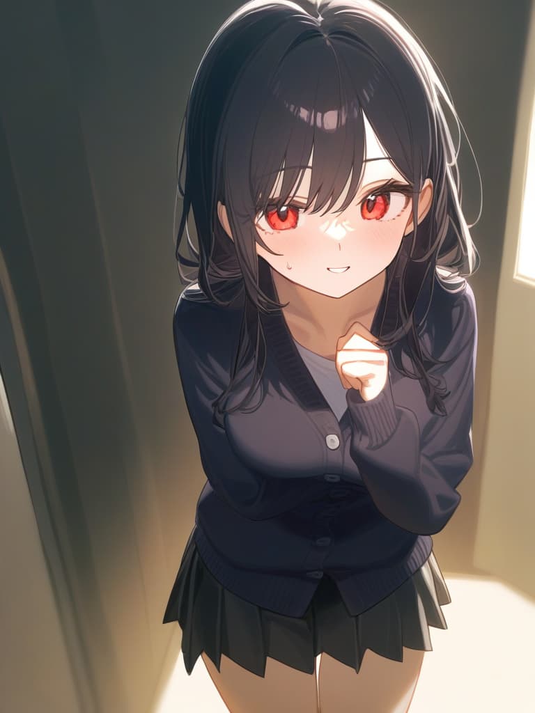  cute face focus,cute,black hair,red eyes,cute posing,cardigan,pleats skirt ,long hair