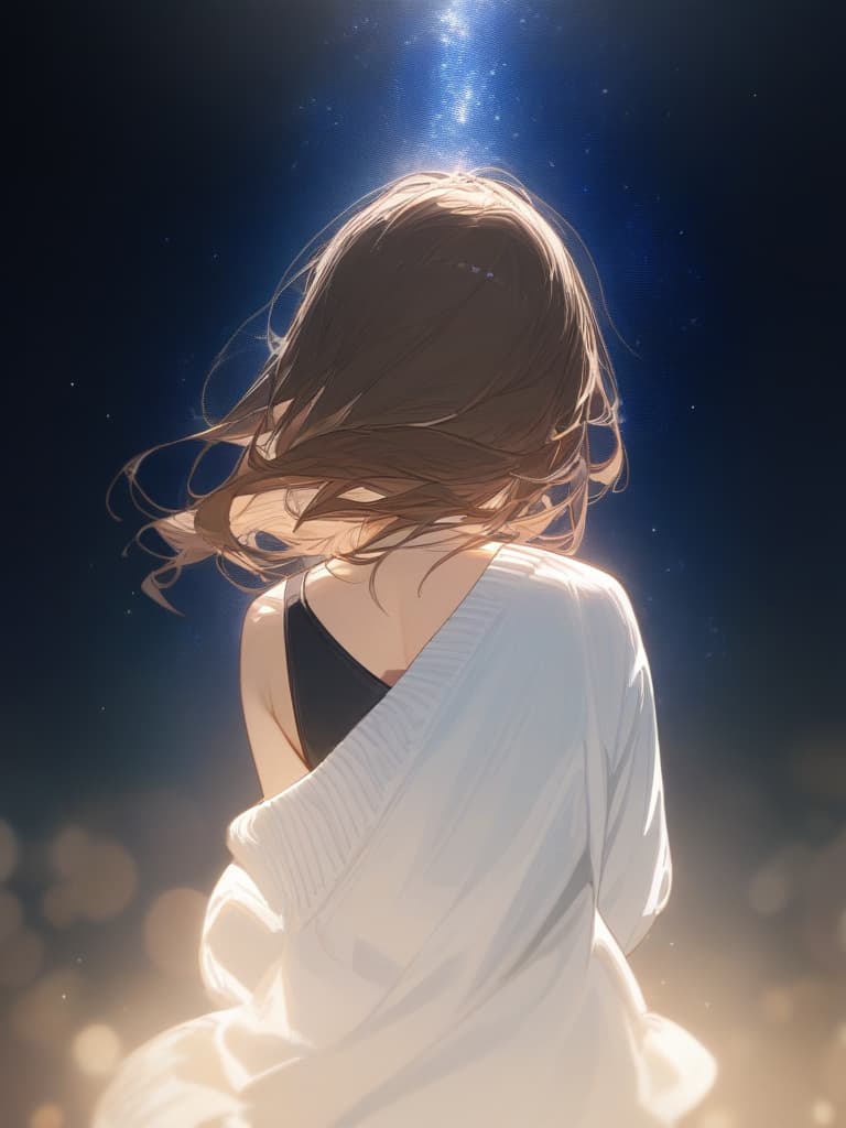  a girl laughing at me, bright brown hair, long hair, transparent ephemeral, black sleeveless dress, white cardigan, whole body facing in front, laughing, laughing, starry sky under the whole body, facing here, masterpiece, best quality,8k,ultra detailed,high resolution,an extremely delicate and beautiful,hyper detail