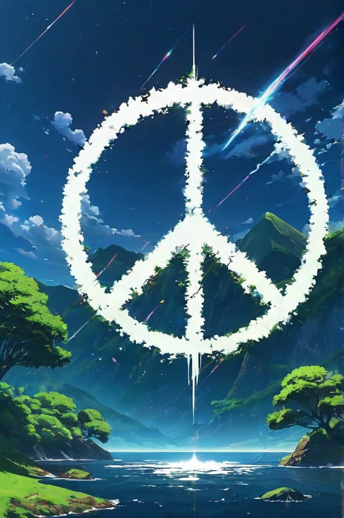  a floating 3 d separated peace symbol in 2 pieces pulled apart of 2 opposite visions of the world of beautiful nature untouched by humans all good things versus the dark side of programmed humans of technology sadness business unconscious minds movement of the new world of destruction below the higher spiritual realm, (anime:1.2), hq, hightly detailed, 4k