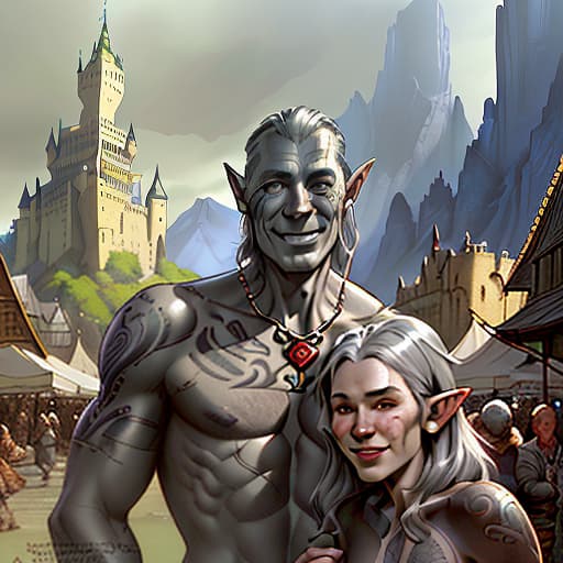   old , giant, gray skin, tattoo on face, smiles, market, fantasy, magic, dragons, elves, castles, by donato giancola, ruan jia, kekai kotaki, magali villeneuve, even mehl amundsen