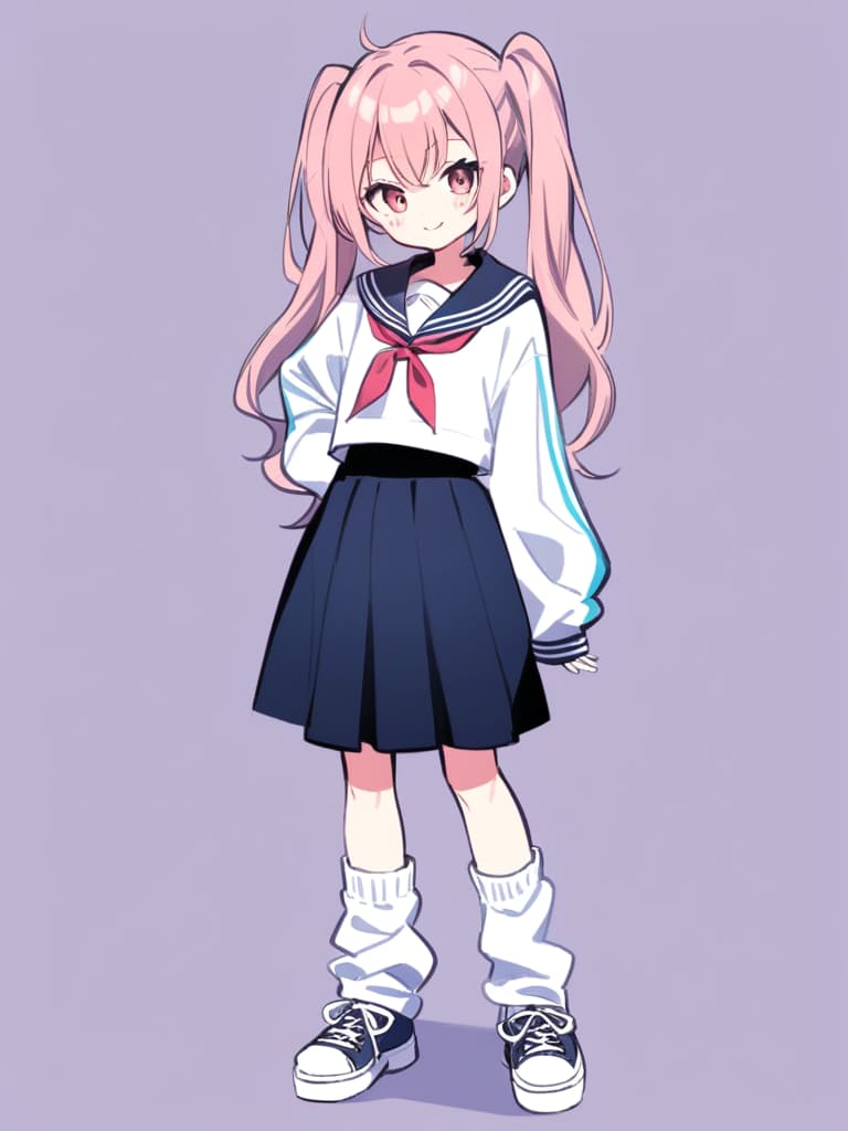   junior high , sailor suit, twin tails, cute smile, ultra long loose socks, bottom sneakers, whole body,