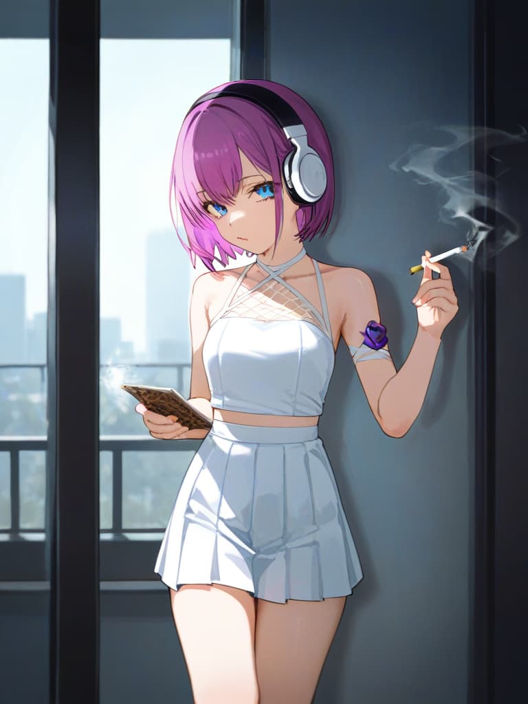  s wearing black tights, headphones, black loafers, whole body, blue eyes , blonde bob cut , white pleated , white sailor suit, with purple rose tattoo on the left , tobacco a smoked , a tattoo of a spider's web on the left arm, a cigarette, a smoking a cigarette, standing, no sleeves, masterpiece, best quality,8k,ultra detailed,high resolution,an extremely delicate and beautiful,hyper detail