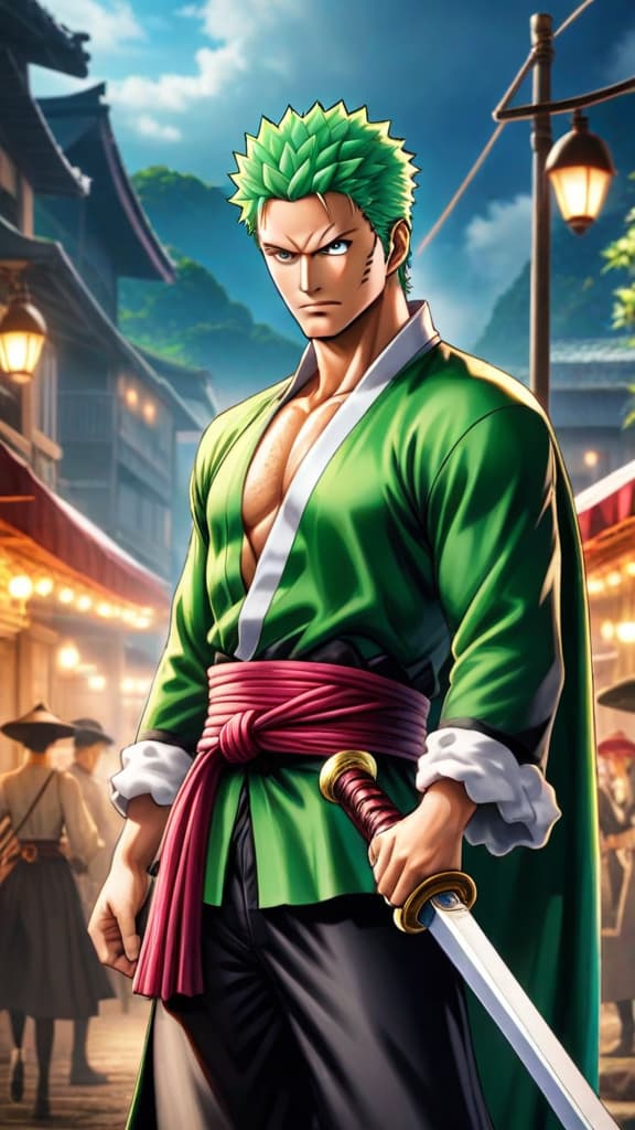  anime art: zoro aims to surpass mihawk with unwavering spirit and continuous growth in one piece. hyperrealistic, full body, detailed clothing, highly detailed, cinematic lighting, stunningly beautiful, intricate, sharp focus, f/1. 8, 85mm, (centered image composition), (professionally color graded), ((bright soft diffused light)), volumetric fog, trending on instagram, trending on tumblr, HDR 4K, 8K