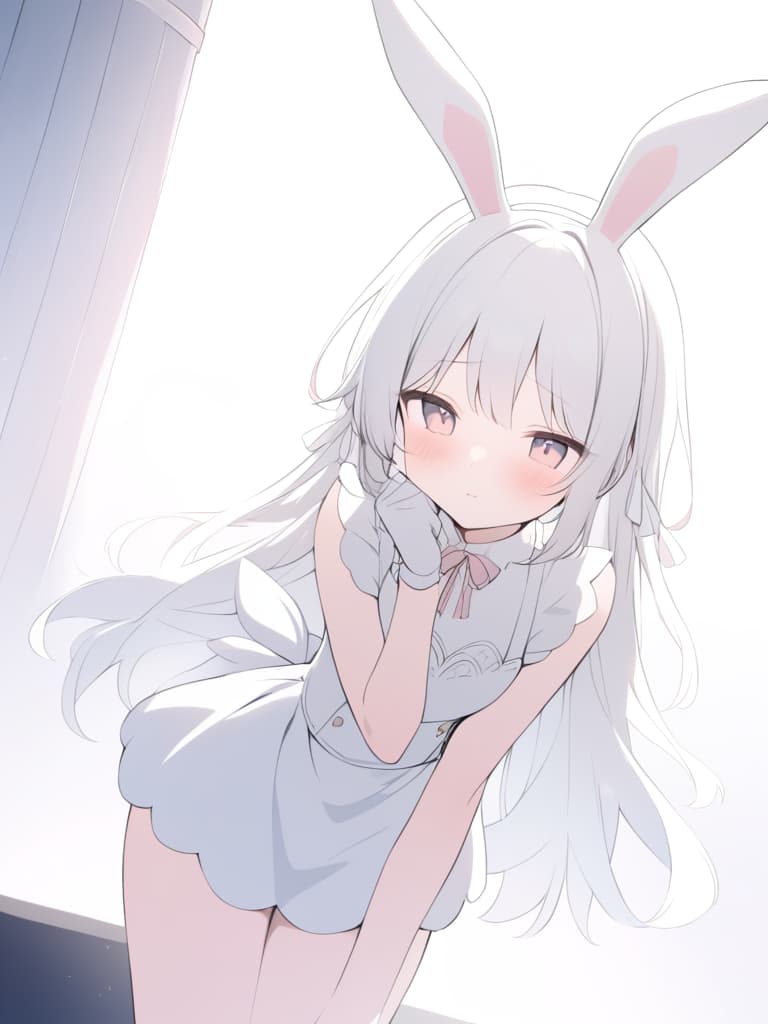  a shy bunny girl in a white outfit,standing on a stage with soft lights around her. she is slightly embarrassed,making a cute bunny ear pose with her hands beside her head,her cheeks faintly flushed. her white outfit hugs her figure with subtle details,including delicate ribbons and a soft,fluffy tail.she has no bunny ear accessories,only her hands forming the bunny ears.the background is softly lit,creating a dreamy atmosphere,while the scene is rendered in high resolution with a focus on capturing the subtle expressions of her shyness.