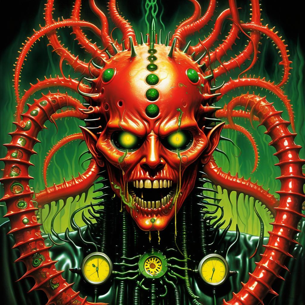  retro game art hellraiser whisperer giger demon looks scary prickly red watch in yellow smoke and green sparks suction cups tentacles eyes lower jaw sting tentacles claws and a terrible moan in red smoke in yellow rings of green steam the wound flows with mucus juice . 16 bit, vibrant colors, pixelated, nostalgic, charming, fun