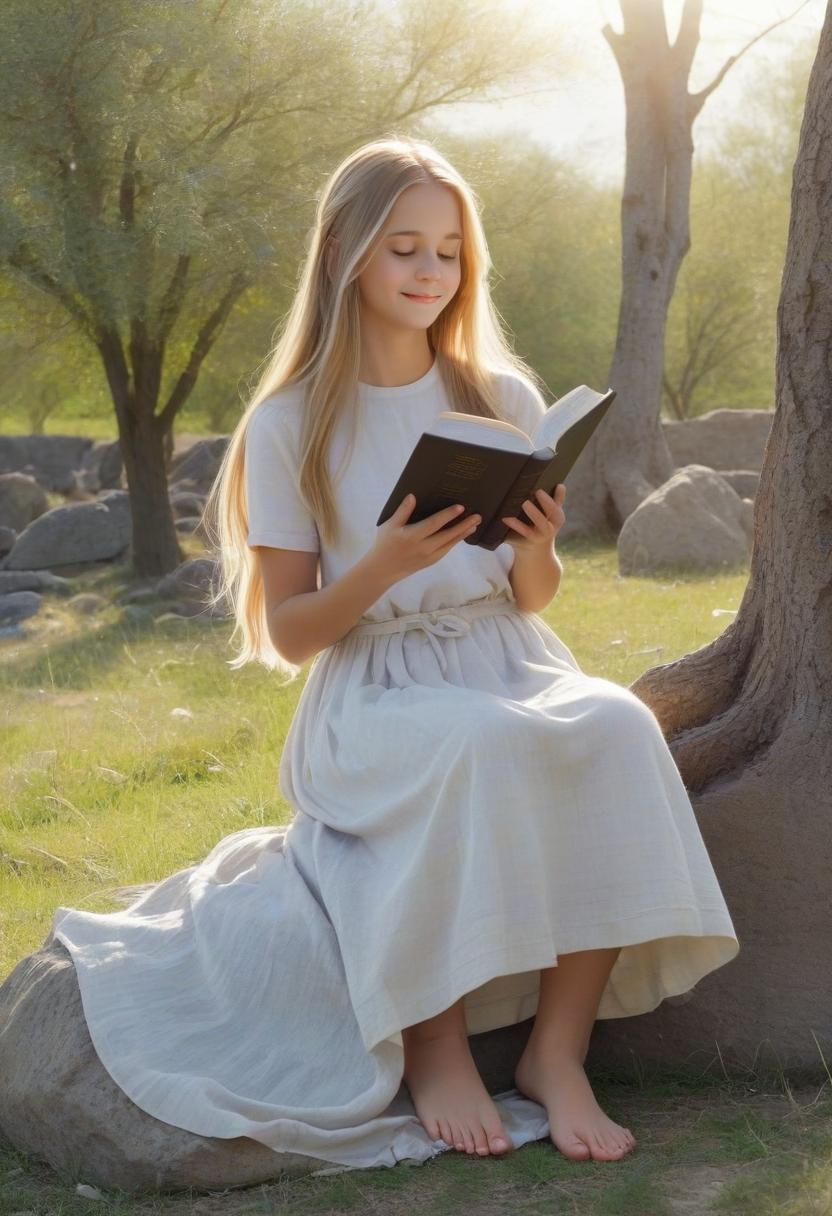  the girl sits on a stone and reads the bible, her hands hold the bible, look at the book, a lonely tree in the background, light grass under her feet, full height, barefoot, blond dress, long hair fluttering in the wind, light background, a lot of light, light rays, high resolution, smile on her face, calmness, the main object occupies one third of the picture, perfect hands