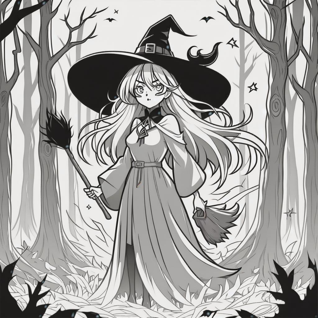  line art drawing witch stay in wood, same nightmare. anime style . professional, sleek, modern, minimalist, graphic, line art, vector graphics