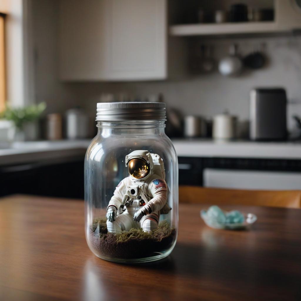  cinematic photo the astronaut sits in a three liter jar on the kitchen table . 35mm photograph, film, bokeh, professional, 4k, highly detailed, sticker hyperrealistic, full body, detailed clothing, highly detailed, cinematic lighting, stunningly beautiful, intricate, sharp focus, f/1. 8, 85mm, (centered image composition), (professionally color graded), ((bright soft diffused light)), volumetric fog, trending on instagram, trending on tumblr, HDR 4K, 8K