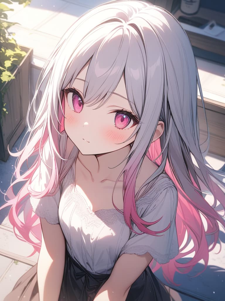  girls, white hair, pink, pink gradation hair color, cute face, pink eye, dress, straight hair, thin body, collarbone, masterpiece, best quality,8k,ultra detailed,high resolution,an extremely delicate and beautiful,hyper detail