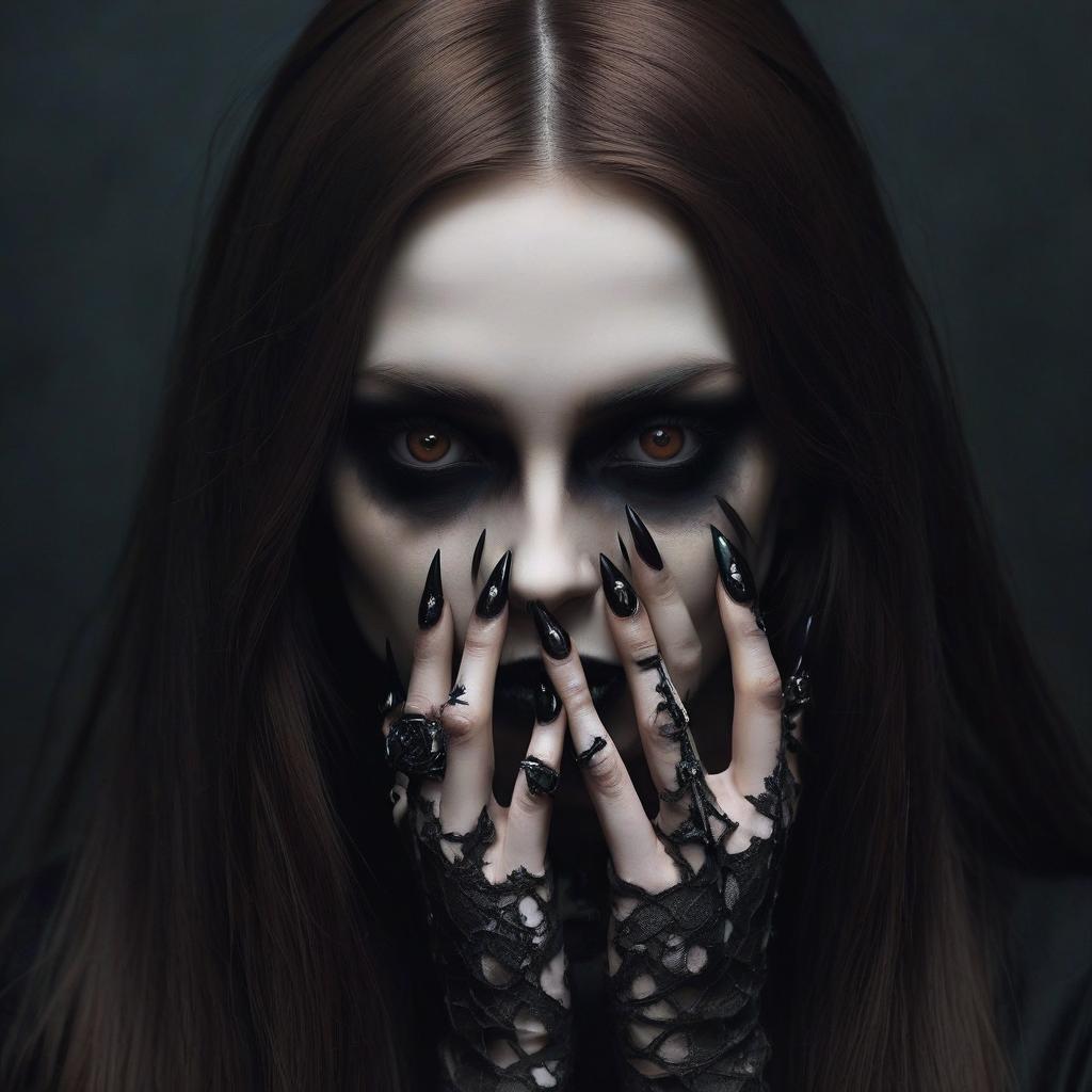  macabre style girl, gothic, long brown hair, long black sharp nails . dark, gothic, grim, haunting, highly detailed