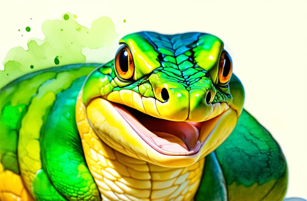  artwork green cheerful beautiful kind snake looks at the camera and smiles widely ar 3:2, watercolor techniques, featuring fluid colors, subtle gradients, transparency associated with watercolor art