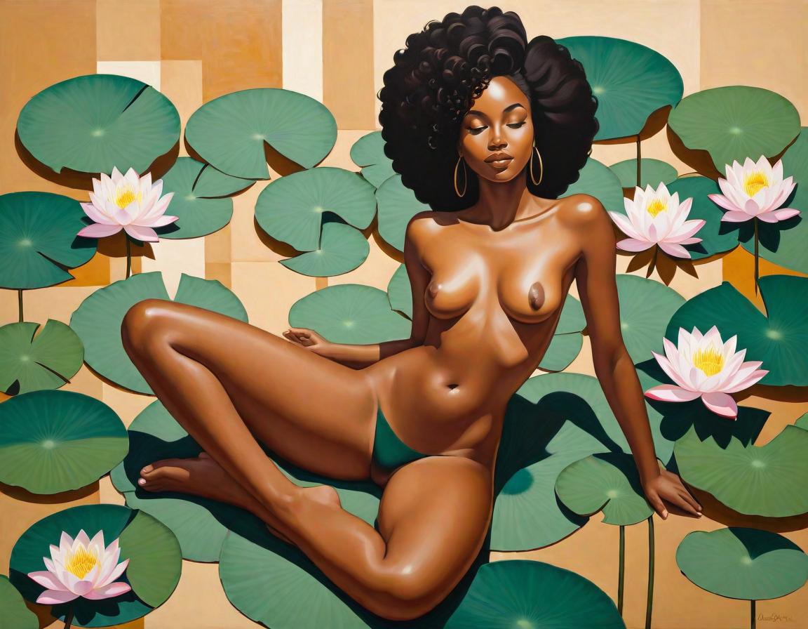  minimalism, painting of a beautiful black woman. she lays, surrounded by lotus flowers and pads. naked. she has brown legs. she has brown feet. she is in a divine pose., abstract, simple geometic shapes, hard edges, sleek contours, minimalism