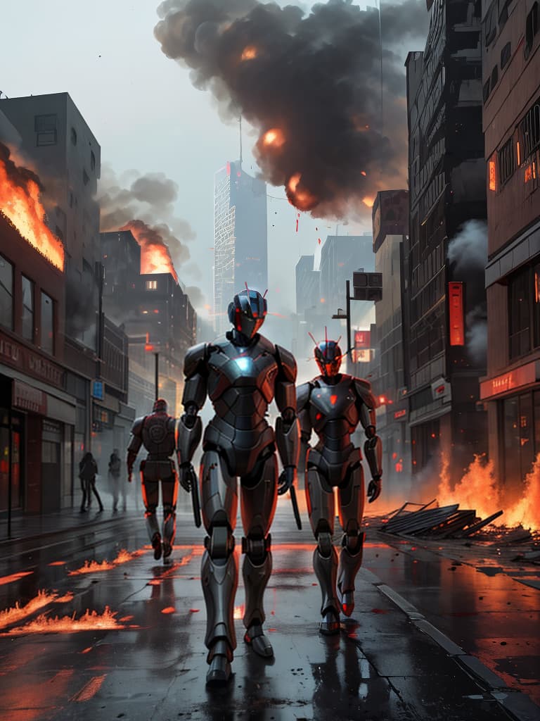  Man vs AI Robots, a deluge of burning buildings, blood and bodies litter the street.