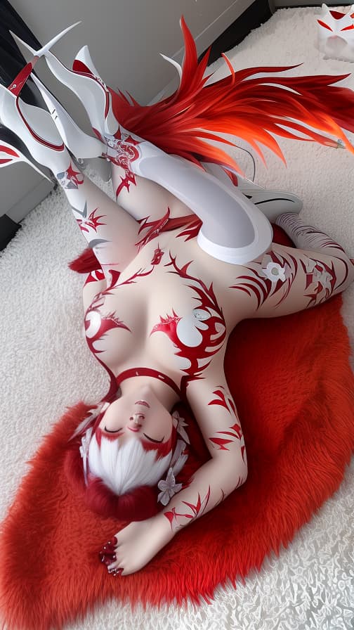  Full body red and silver flame pattern body paint, White body paint on the whole body, red flame pattern face paint on the face, succubus, full body image 女性