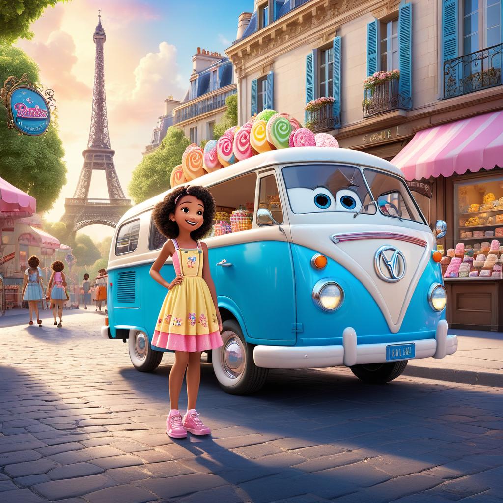  in 3d animated movie style. disney pixar style. paris, 5, wears a colorful sundress. mr. sprinkles is cheerful and magical. the candy bandits are mischievous. ice cream land, vibrant, colorful, whimsical. high resolution pixar 3d style, pastel pink, blue, yellow. low angle on paris at ice cream truck, wonder filled expression, ice cream land background.