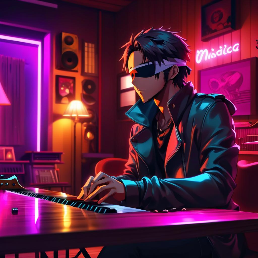  anime artwork musician with a blindfold, thoughtfully sitting at a table, against the background of a cozy room with musical instruments . anime style, key visual, vibrant, studio anime, highly detailed