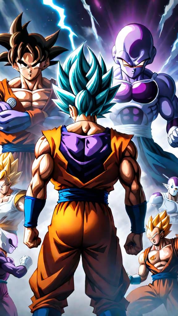  anime art: goku and the z fighters facing the resurrected frieza in a dramatic showdown. hyperrealistic, full body, detailed clothing, highly detailed, cinematic lighting, stunningly beautiful, intricate, sharp focus, f/1. 8, 85mm, (centered image composition), (professionally color graded), ((bright soft diffused light)), volumetric fog, trending on instagram, trending on tumblr, HDR 4K, 8K