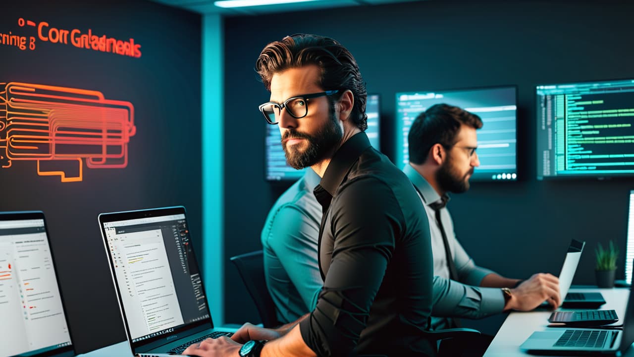  a modern office setting with diverse developers collaborating over laptops, surrounded by digital screens showcasing api code, flowcharts, and data connections, reflecting a dynamic tech environment filled with creativity and innovation. hyperrealistic, full body, detailed clothing, highly detailed, cinematic lighting, stunningly beautiful, intricate, sharp focus, f/1. 8, 85mm, (centered image composition), (professionally color graded), ((bright soft diffused light)), volumetric fog, trending on instagram, trending on tumblr, HDR 4K, 8K