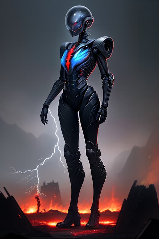  book cover: a beauty girls in a black exoskeleton wearing a helmet, standing with his arms crossed over his chest. very detailed and detailed model. the confrontation of red fire and blue lightning. background, an alien city