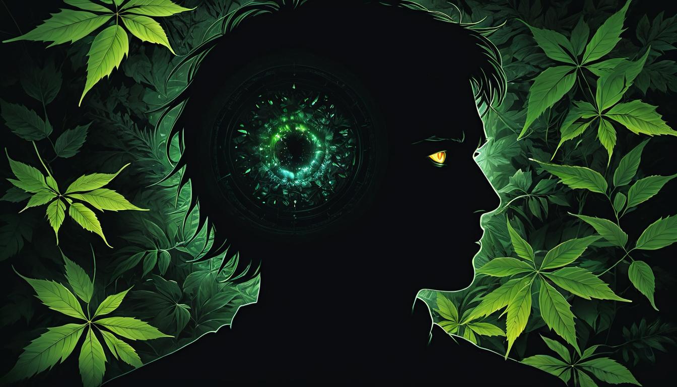  （surrealism)a silhouette of a figure with glowing eyes, figure partially hidden behind a screen of foliage, eyes luminous with an enigmatic glow, dark background with hidden shapes, shadowy, secretive mystic, intricate details, best quality)