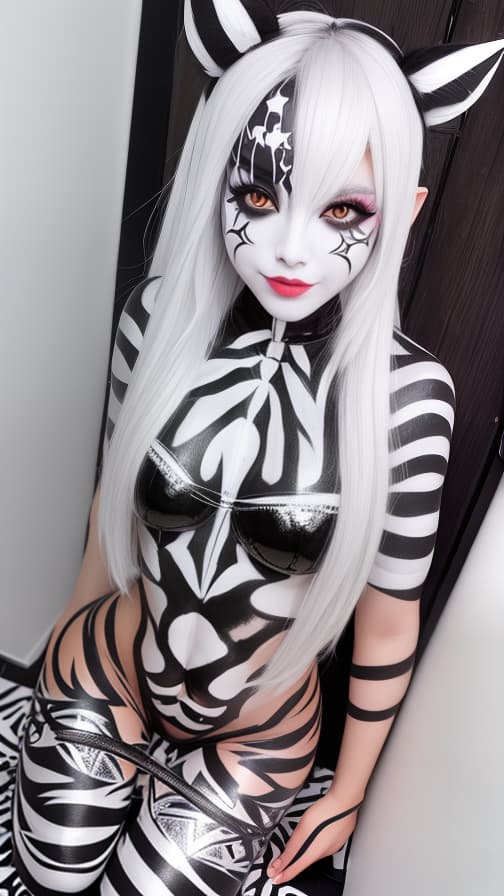  Black and White Spider-patterned body paint in every corner of the whole body, full-body, silver body paint, White face paint on the face,Dark elfs 女性